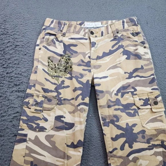 Baby Phat Pants Juniors 9 Beige Camo Cargo Straight Leg Beaded Embroidered - Picture 4 of 12
